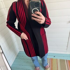 Sweater Coat Size M Open Style Black w/ Red abstract Print Gabby Isabella